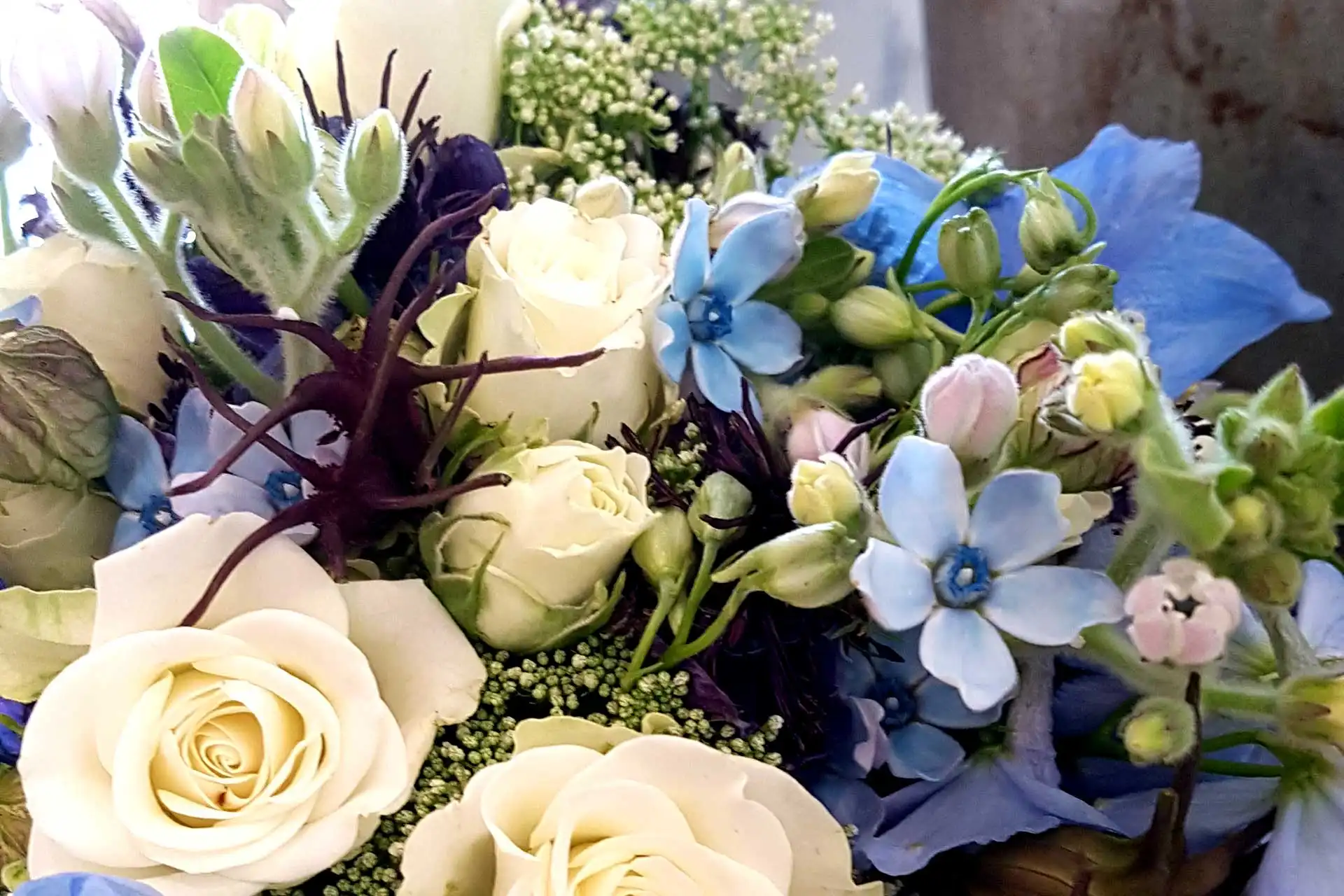 Greta - Blumen, Ideen & mehr... Inspiriert von der Liebe zur Natur. Blumen für besondere Momente - Anlass Hochzeit Wir gestalten Ihre Hochzeitsfloristik maßgeschneidert & individuell - Brautstrauß und Tischsschmuck. Hochzeitsstrauß mit weissen Rosen und blauen Blüten.